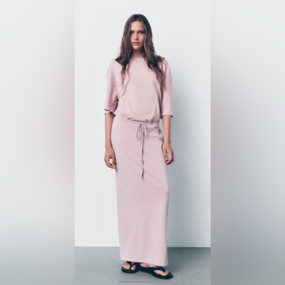 Zara Set 2psc Washed Long Skirt /Shirt Light Pink Size S